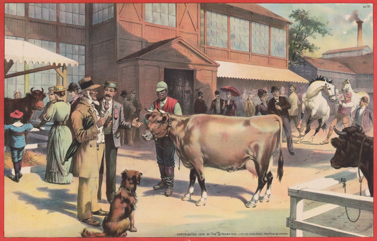 Strobridge & Co. Lith. - African American man with cow, people and horses in background