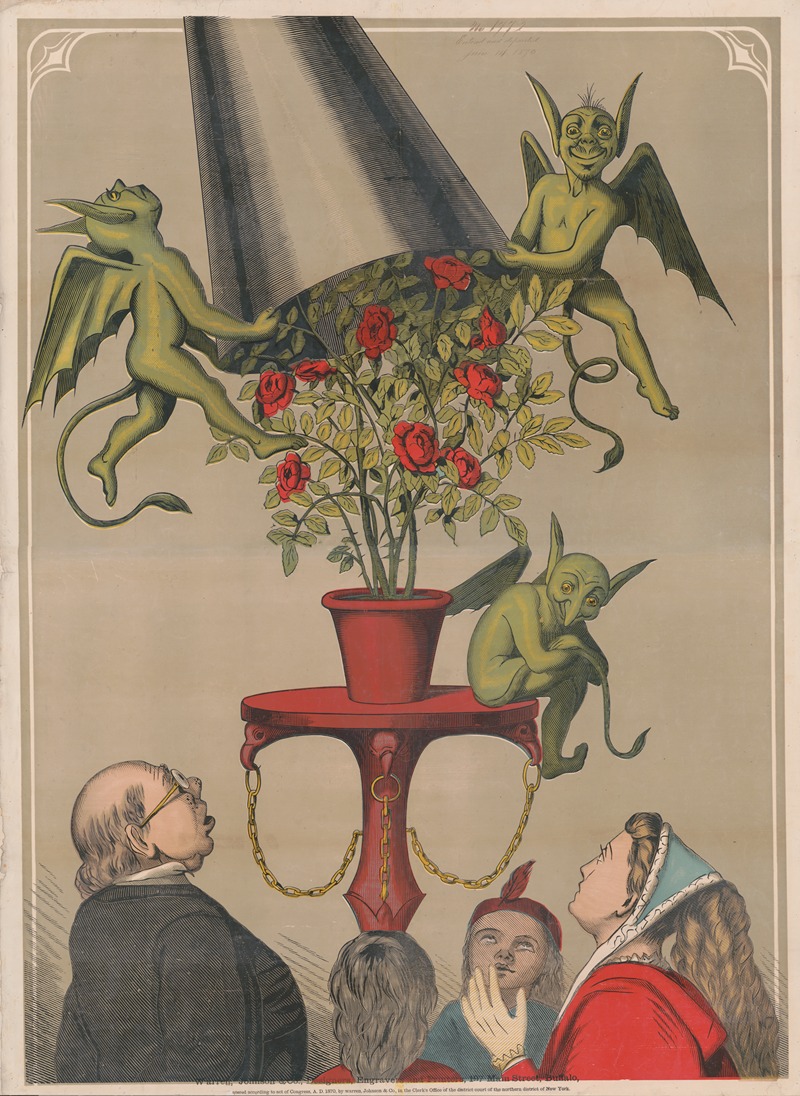 Warren, Johnson & Co. - Four people looking up at three green demons on pedestal removing cover from bouquet of roses