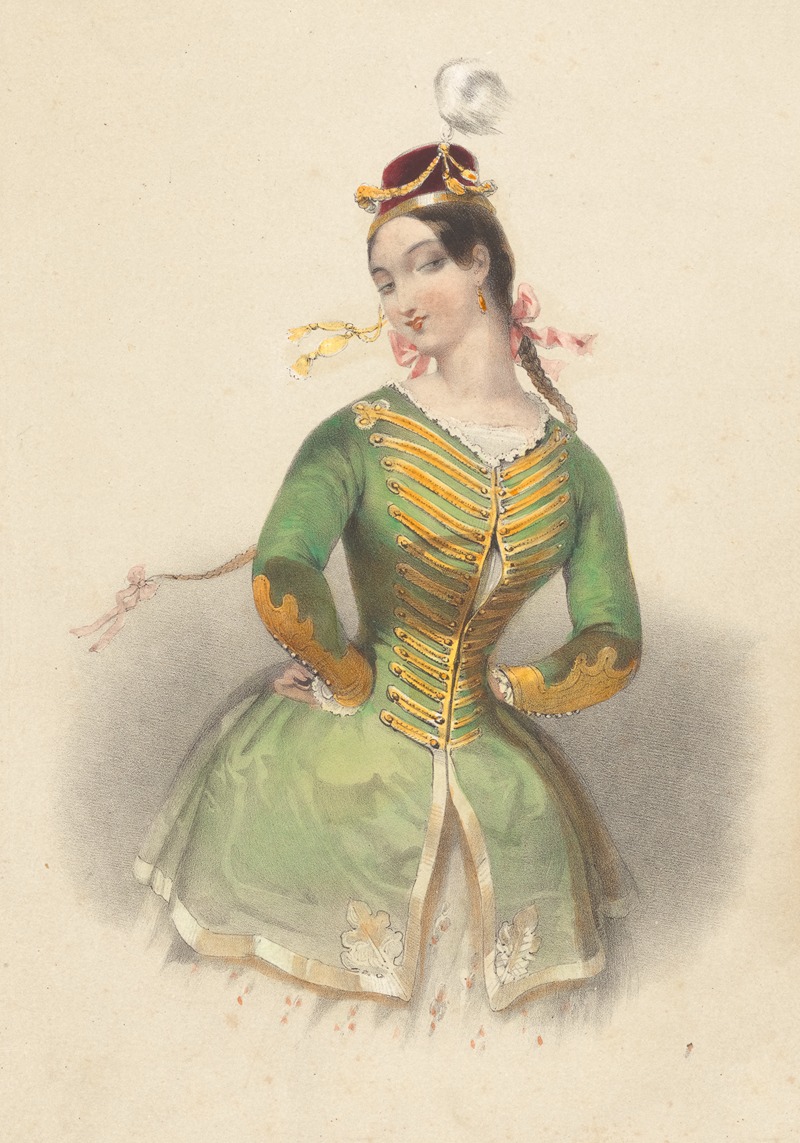 Eugène Charles François Guérard - Woman in green military-style jacket and red shako with white feather, her arms akimbo