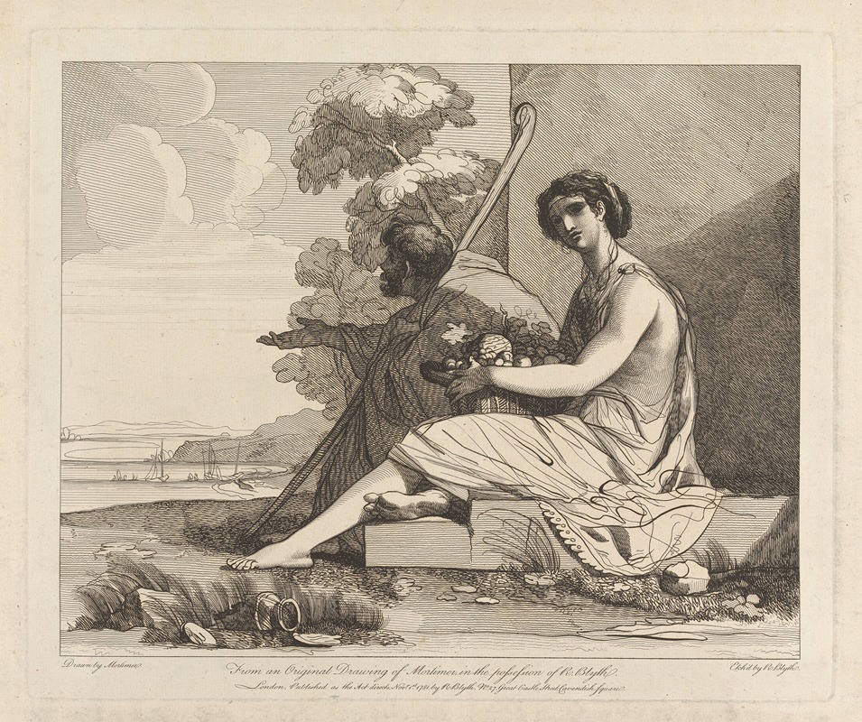 John Hamilton Mortimer - Man in Cloak and Woman with Fruit Seated, Overlooking a Bay