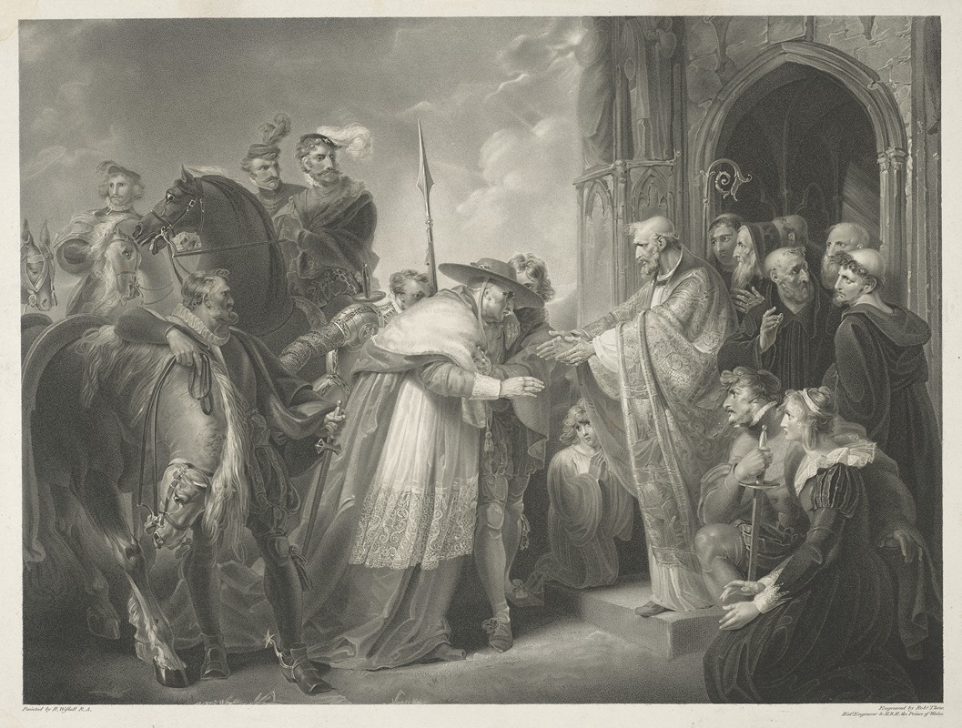 Richard Westall - Henry VIII, Act IV, Scene II, Abbey of Leicester. Wolsey, Northumberland, and Attendants, Abbot of Leicester