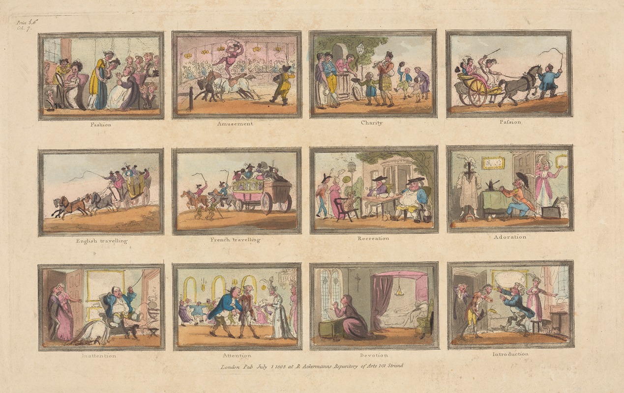 Anonymous - 12 vignettes; fashion; amusement; charity, passion; English travelling; French travelling; recreation; adoration; inattention; attention devotion; introduction