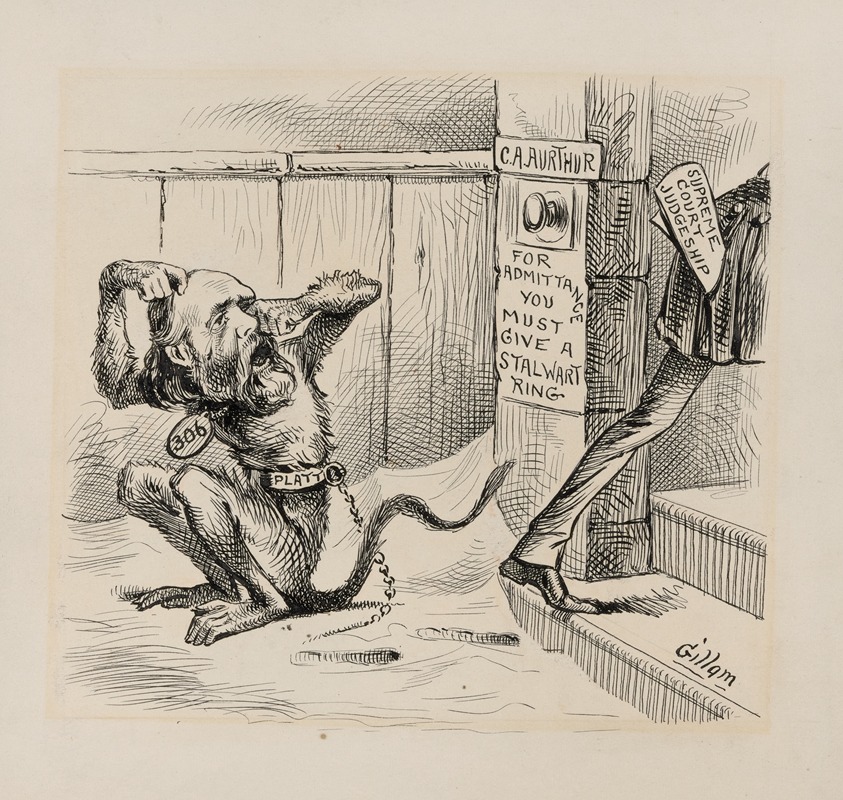 Bernard Gillam - Caricature of Thomas Platt as a chained monkey, next to sign that reads ‘For admittance (to Supreme Court judgeship), you must give a stalwart ring’