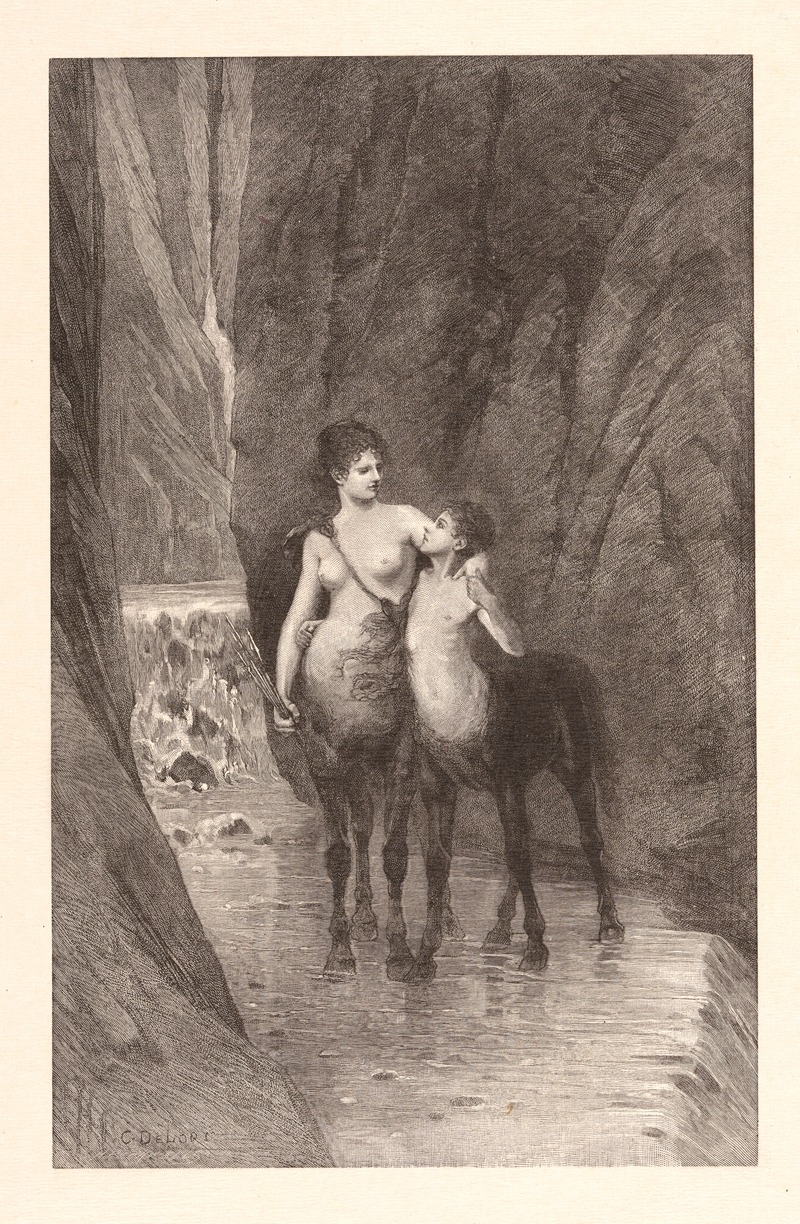 C. DeLori - Two centaurs, mother and child, standing in mountain stream