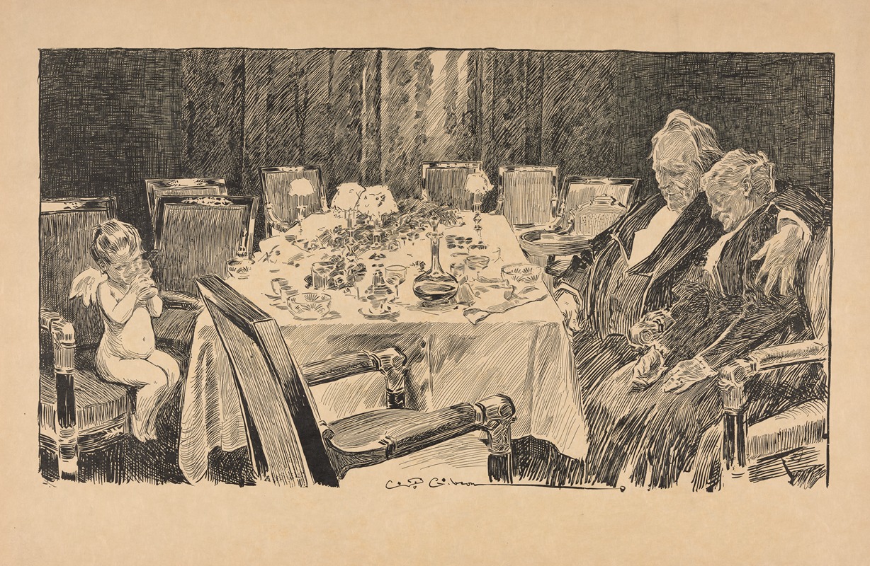 Charles Dana Gibson - Putti sips champagne at banquet table near sleeping elderly couple