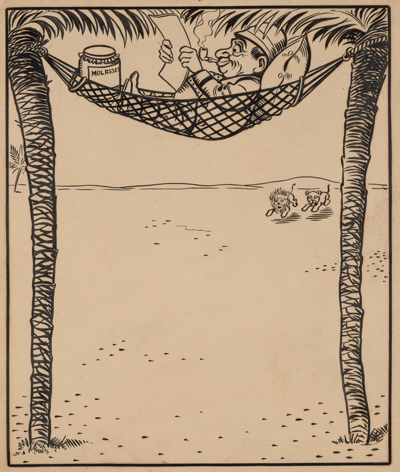 Franklin Morris Howarth - Nine comic strip frames of man dropping molasses and feathers on lions beneath his hammock Pl.1