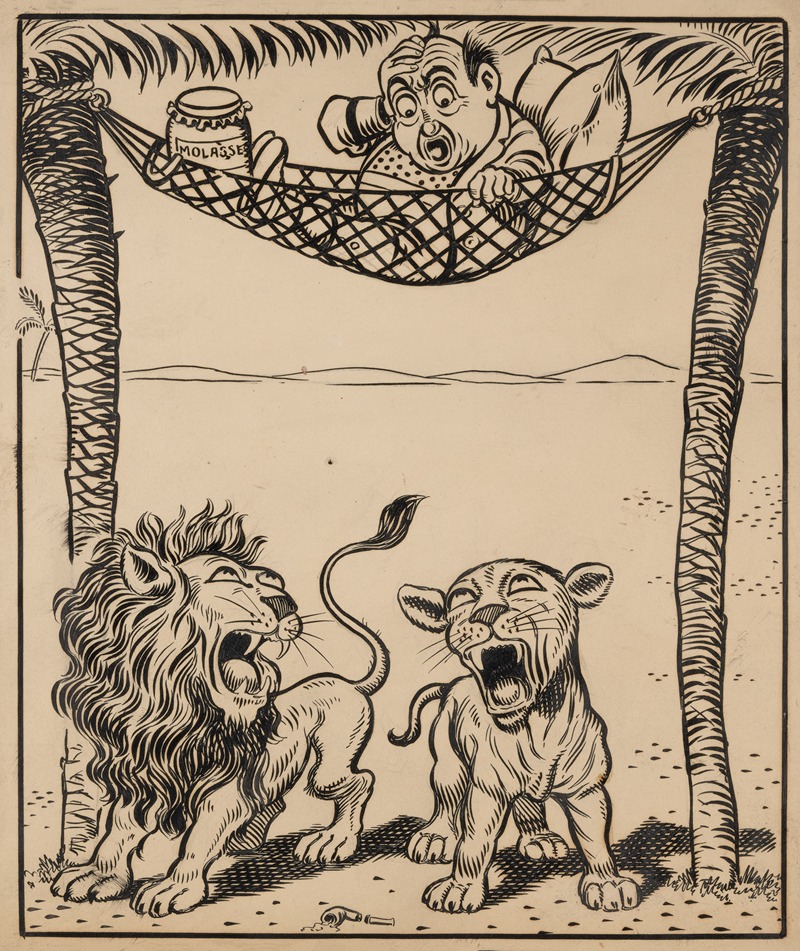 Franklin Morris Howarth - Nine comic strip frames of man dropping molasses and feathers on lions beneath his hammock Pl.2