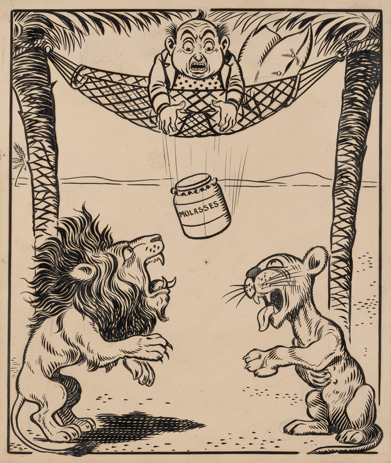 Franklin Morris Howarth - Nine comic strip frames of man dropping molasses and feathers on lions beneath his hammock Pl.3