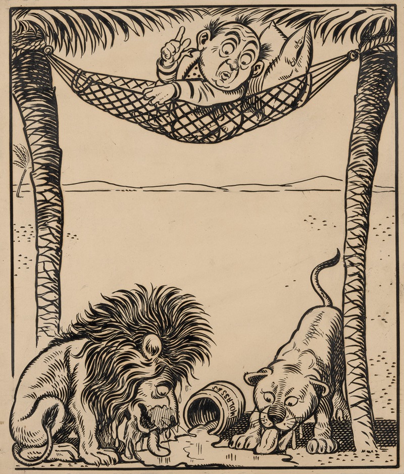 Franklin Morris Howarth - Nine comic strip frames of man dropping molasses and feathers on lions beneath his hammock Pl.4