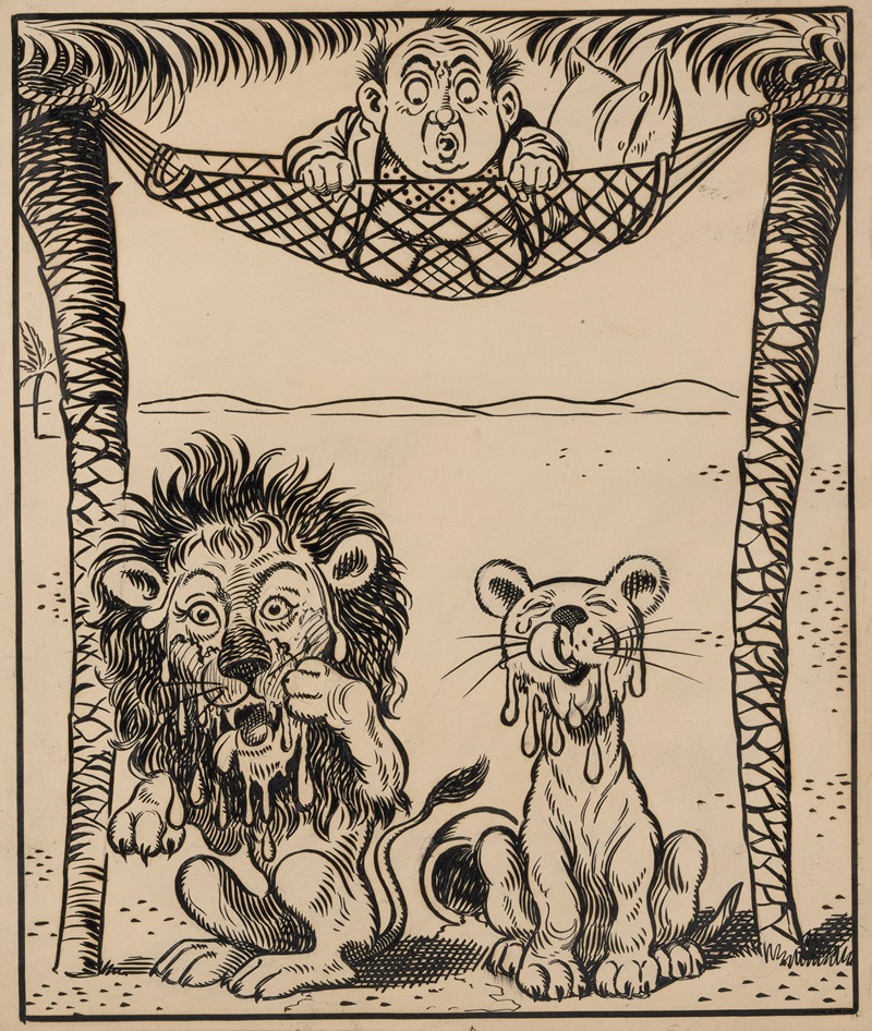 Franklin Morris Howarth - Nine comic strip frames of man dropping molasses and feathers on lions beneath his hammock Pl.5