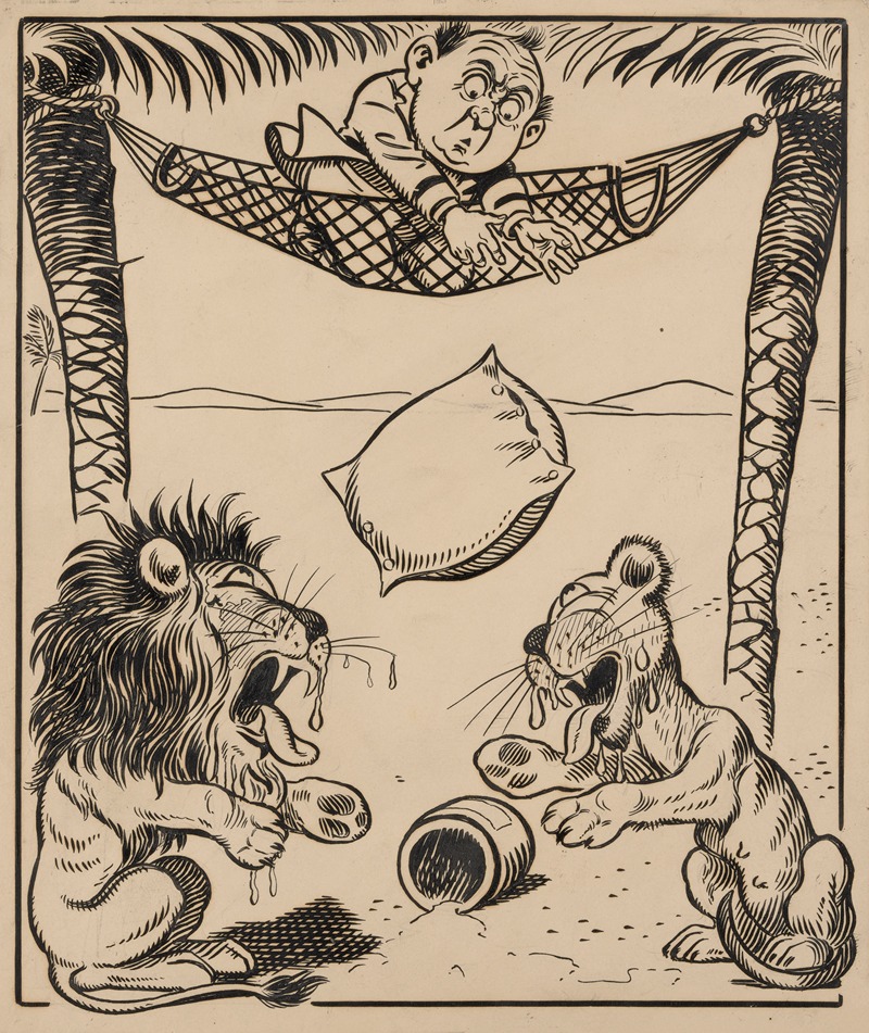 Franklin Morris Howarth - Nine comic strip frames of man dropping molasses and feathers on lions beneath his hammock Pl.6