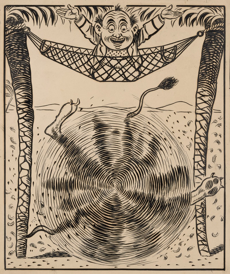 Franklin Morris Howarth - Nine comic strip frames of man dropping molasses and feathers on lions beneath his hammock Pl.7