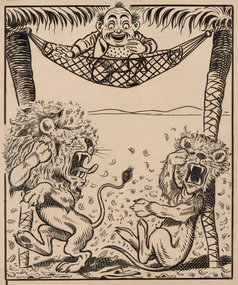 Franklin Morris Howarth - Nine comic strip frames of man dropping molasses and feathers on lions beneath his hammock Pl.8