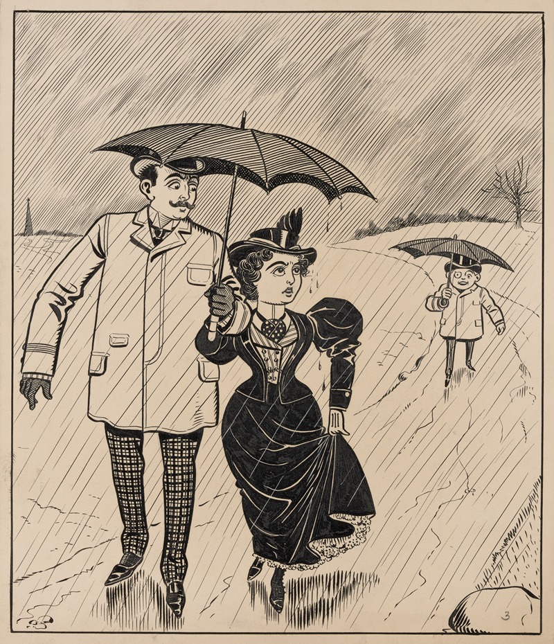 Franklin Morris Howarth - Six comic strip frames of two chivalrous men with woman in rain storm Pl.3