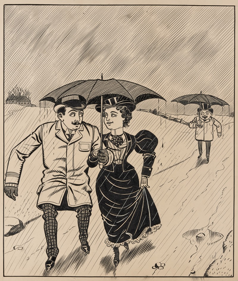 Franklin Morris Howarth - Six comic strip frames of two chivalrous men with woman in rain storm Pl.4