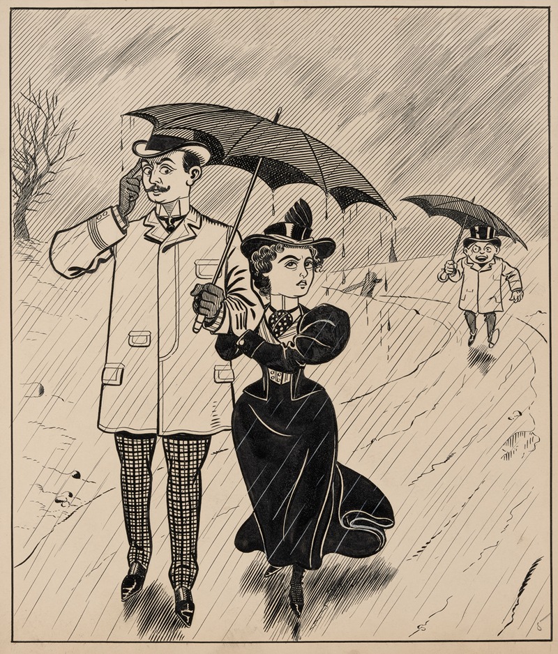 Franklin Morris Howarth - Six comic strip frames of two chivalrous men with woman in rain storm Pl.5