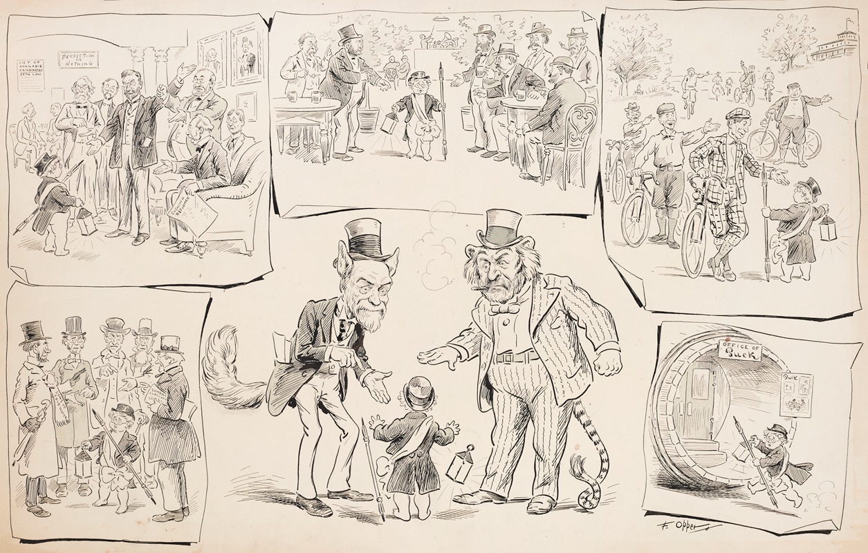 Frederick Burr Opper - ‘Puck’s’ cherubic symbol out and about in the world. Six scenes including last of retreat back into ‘Puck Offices’