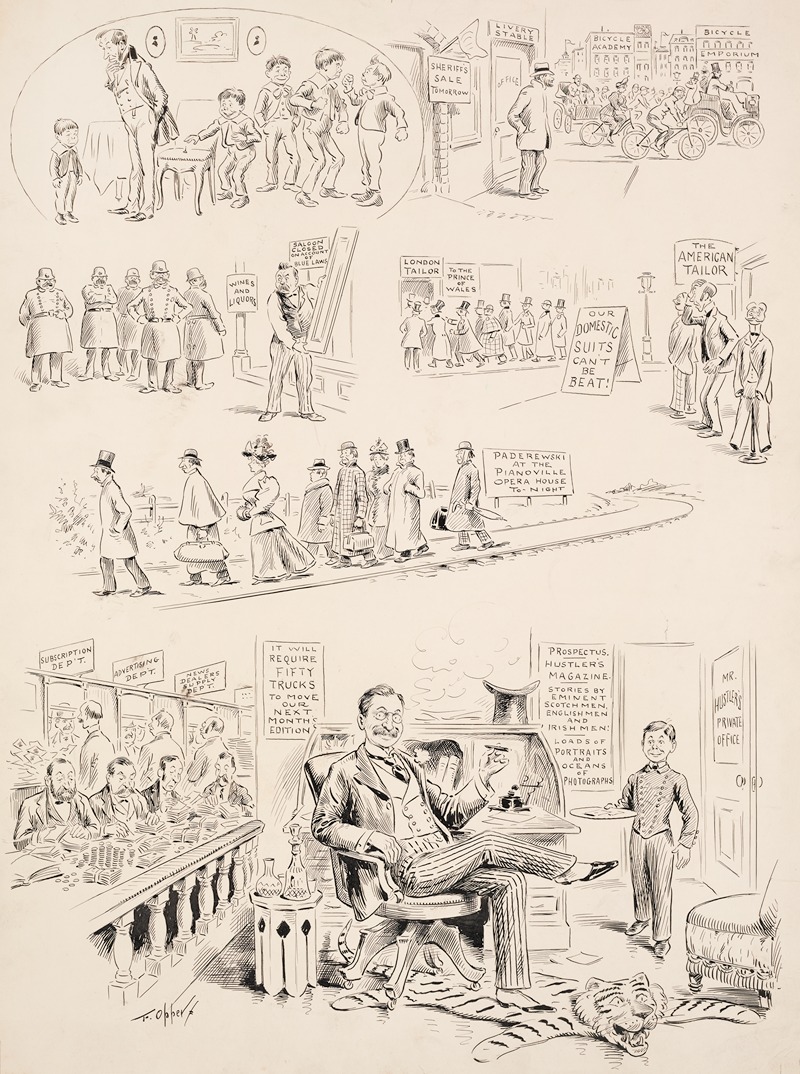 Frederick Burr Opper - Scenes of the failure of a livery stable, saloon, and American tailors, and of the success of Hustler’s Magazine.