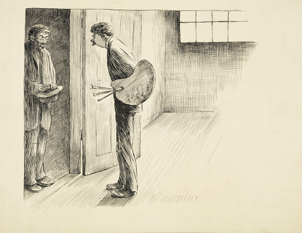 Harold Imbrie - A man carrying paintbrushes and a palette answers the door to a man with his hat in his hands.