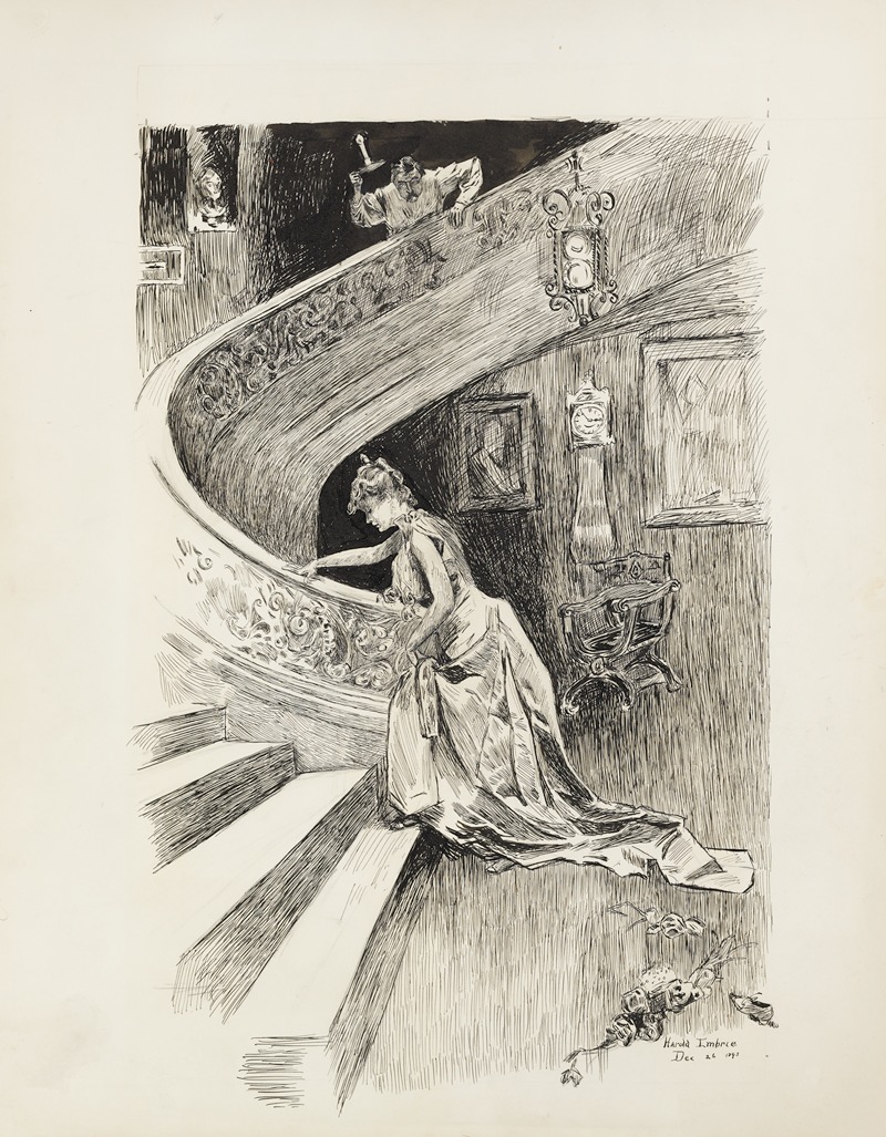 Harold Imbrie - A woman in a gown begins to climb a staircase in a dark room