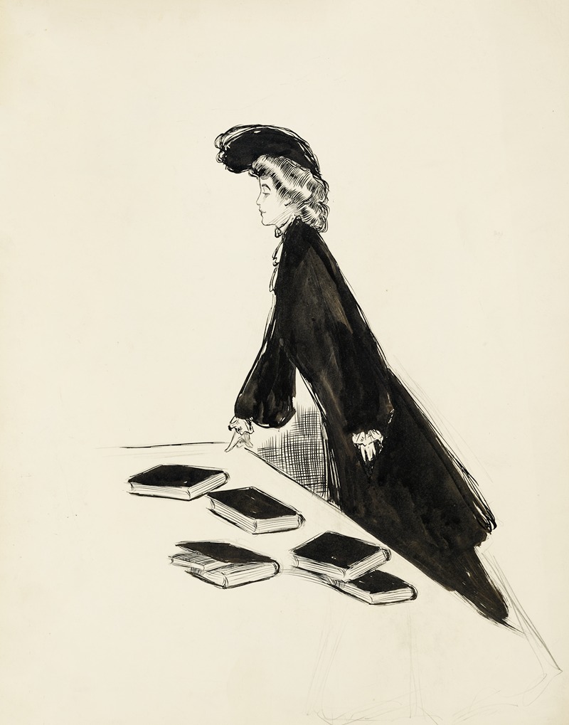 Harold Imbrie - A young woman in fancy clothes stands at a table holding several books, looking away from them.