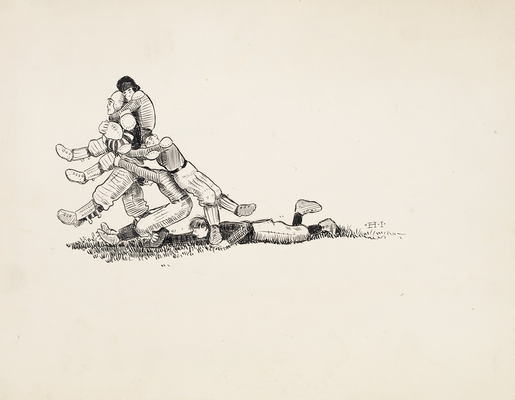 Harold Imbrie - Princeton football. Four players on the opposing team hold onto a Princeton player