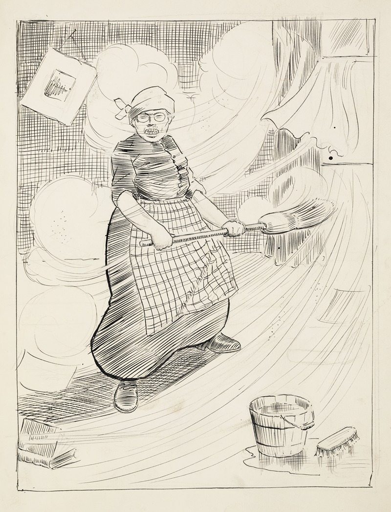 Harold Imbrie - Theodore Roosevelt depicted as an older woman tries to sweep as a big gust of wind comes in through the window