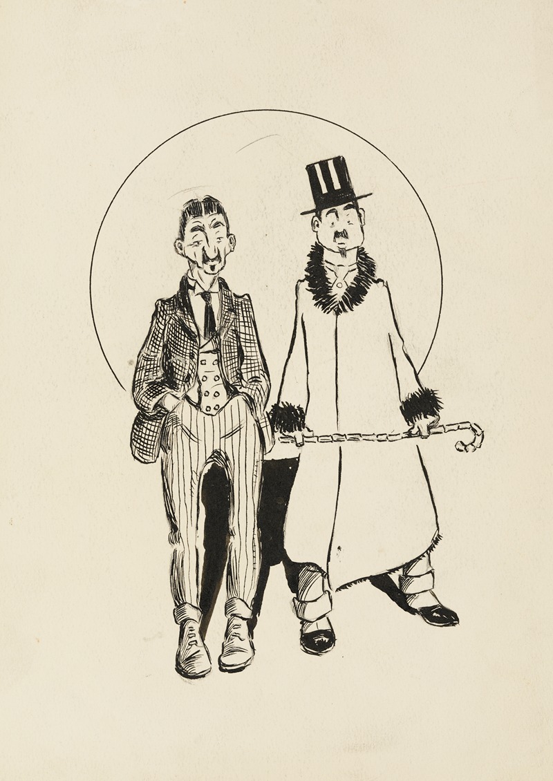 Harold Imbrie - Two men, one in a three piece suit with striped pants, the other with a coat that has fur on the cuffs and collar, a top hat, and cane.