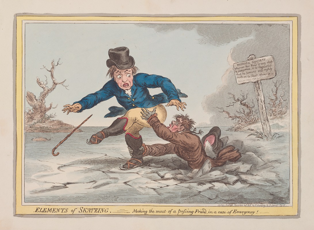 James Gillray - Elements of skateing. Making the most of a passing friend in a case of emergency!.