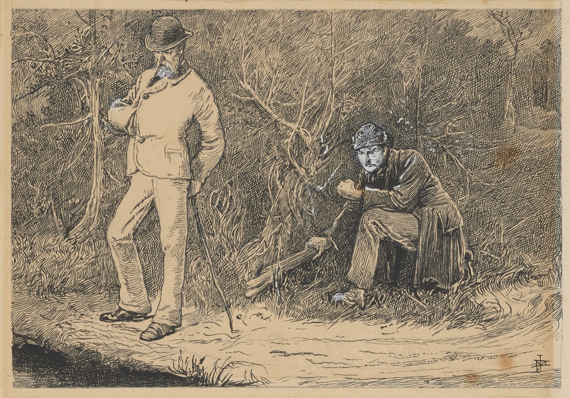 James Mahoney - Our Mutual Friend; Man in white suit leaning on stick, man in dark suit crouches behind him holding a club