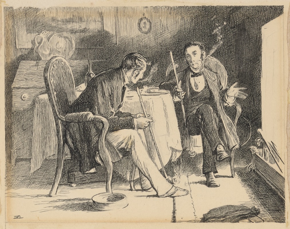 James Mahoney - Our Mutual Friend; Two gentlemen holding long pipes, seated before fireplace