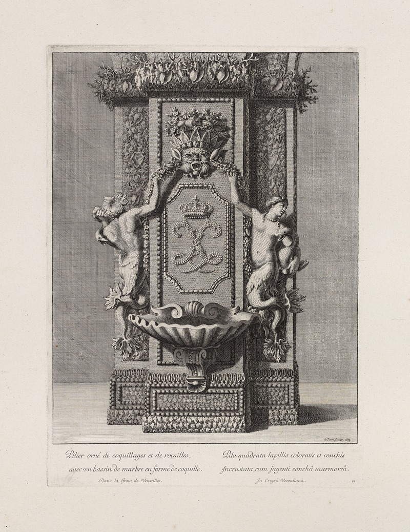 Jean Le Pautre - Pillar decorated with shells and stones, with a marble basin shaped like a cockleshell