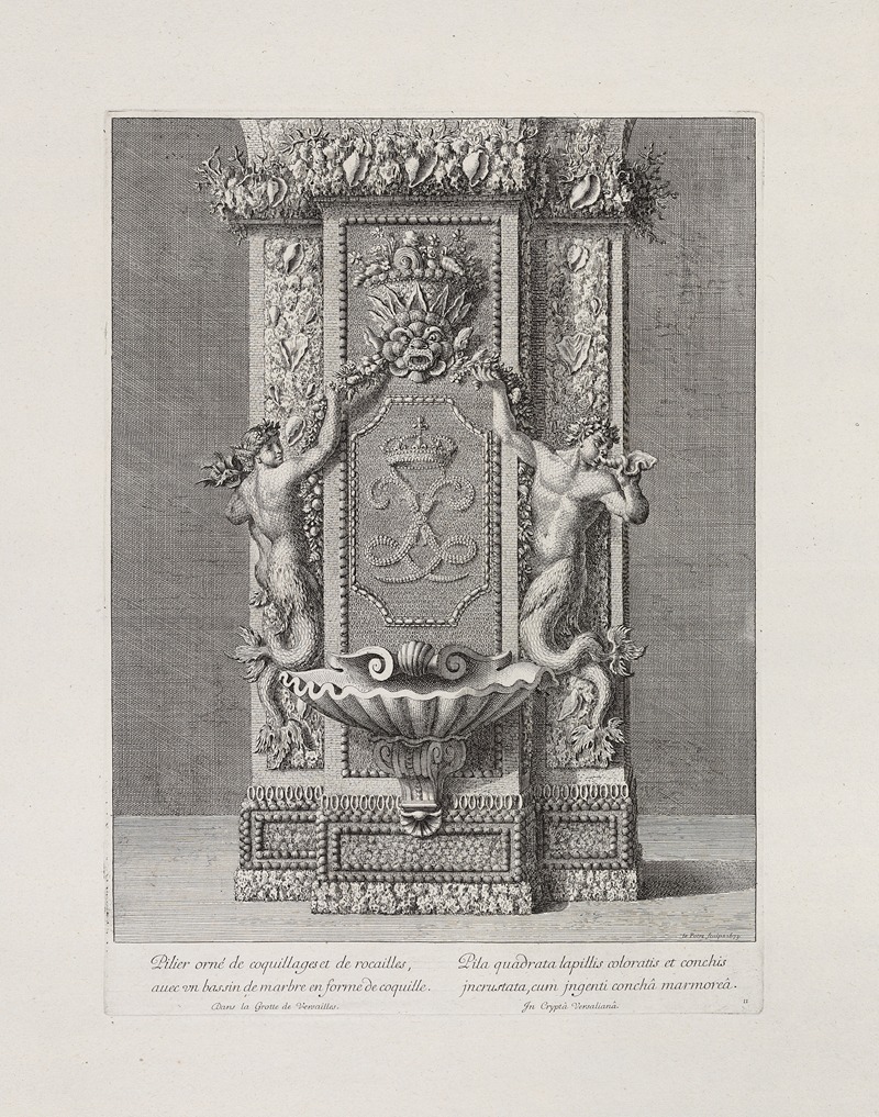 Jean Le Pautre - Pillar decorated with shells and stones, with a marble basin shaped like a cockleshell