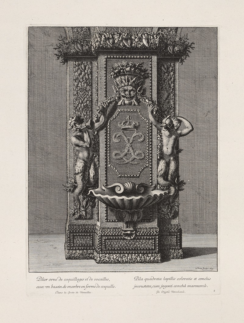 Jean Le Pautre - Pillar decorated with shells and stones, with a marble massin in the shape of a cockleshell