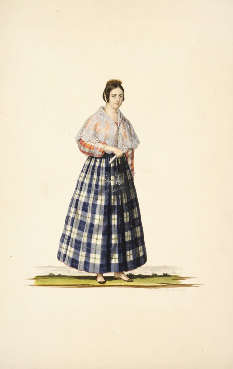 Justiniano Asuncion - Woman in blue and green plaid skirt, orange and white striped shirt, white shawl; holding closed fan