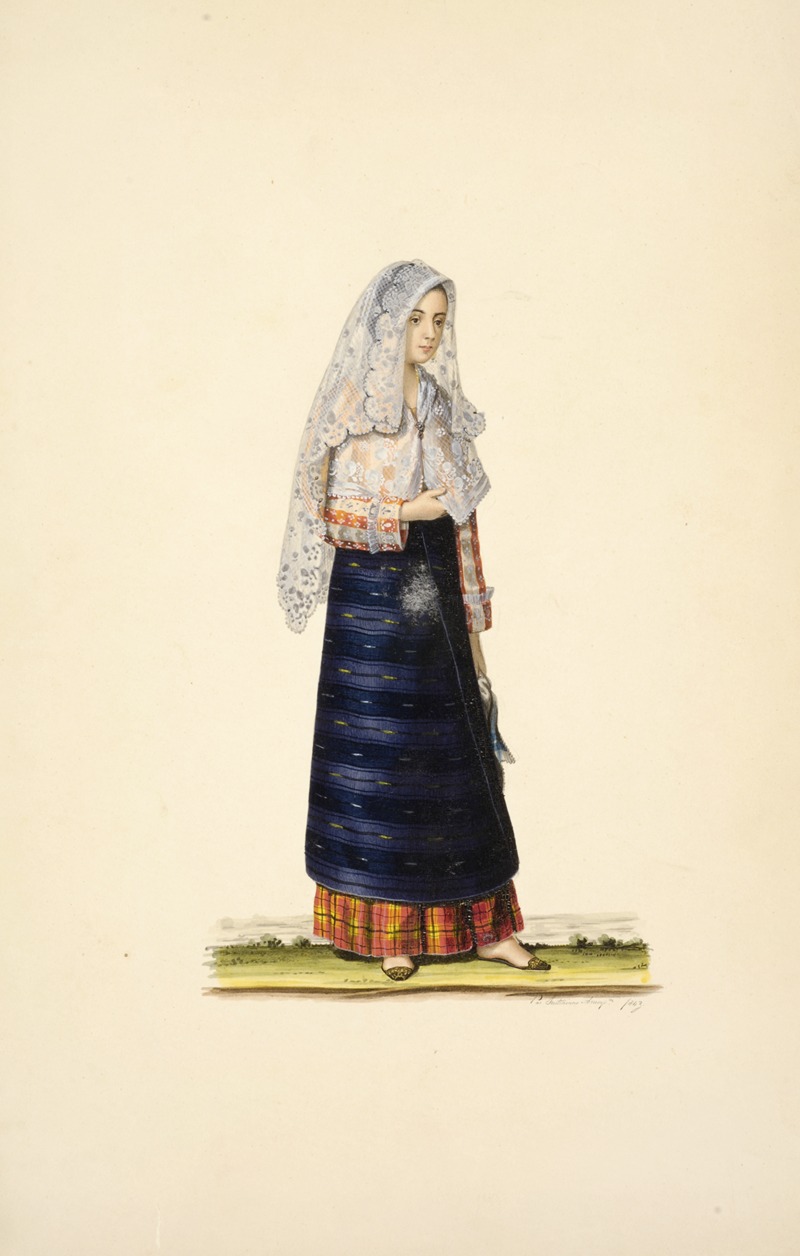 Justiniano Asuncion - Woman in blue apron, orange and yellow plaid skirt, red and white striped shirt, long white veil; holding scarf