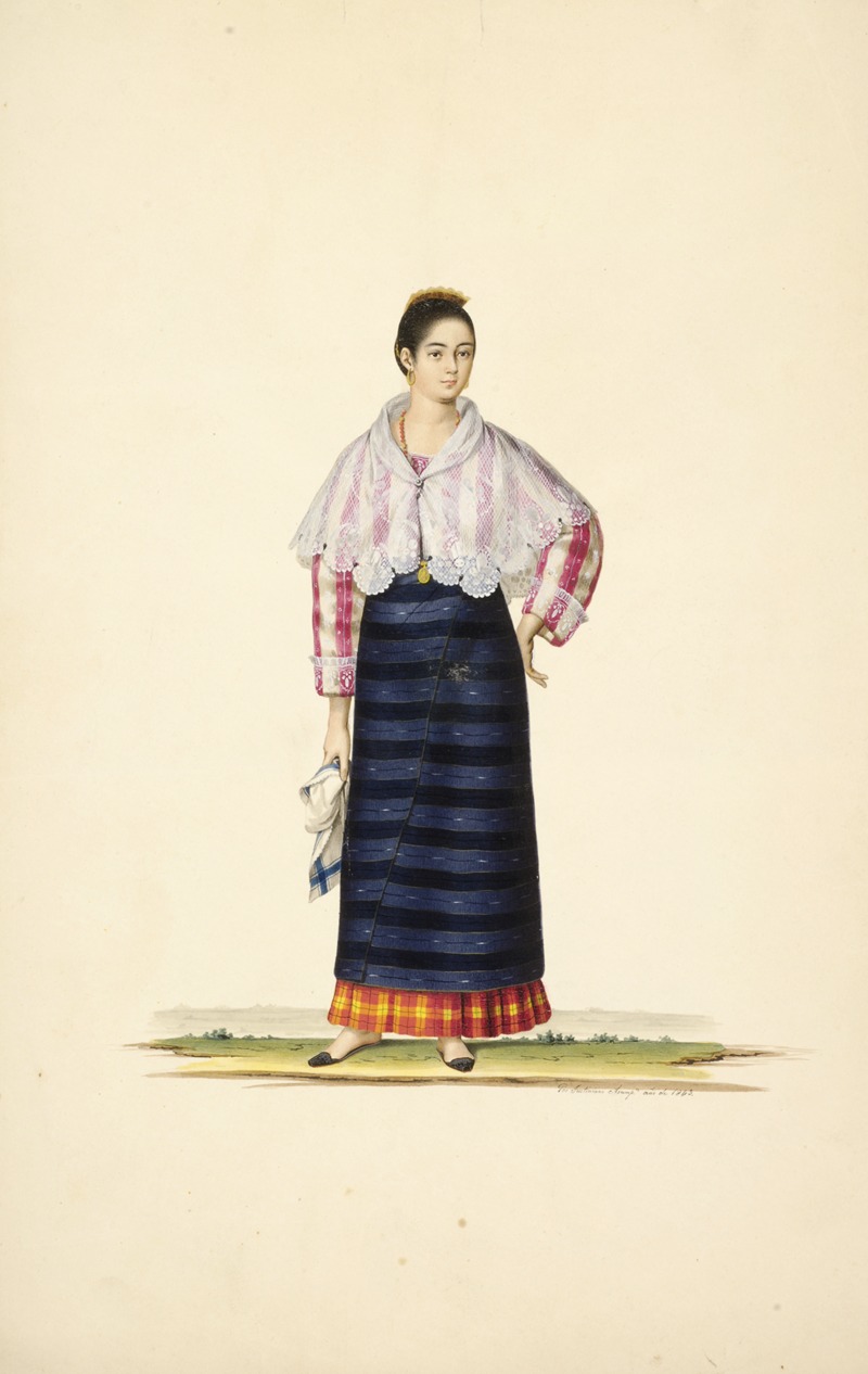 Justiniano Asuncion - Woman in blue apron, plaid skirt, pink and white striped shirt, white shawl; holding scarf