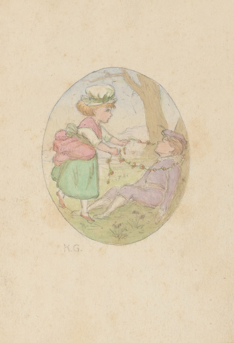 Kate Greenaway - Young girl placing flower garland around seated boy’s neck