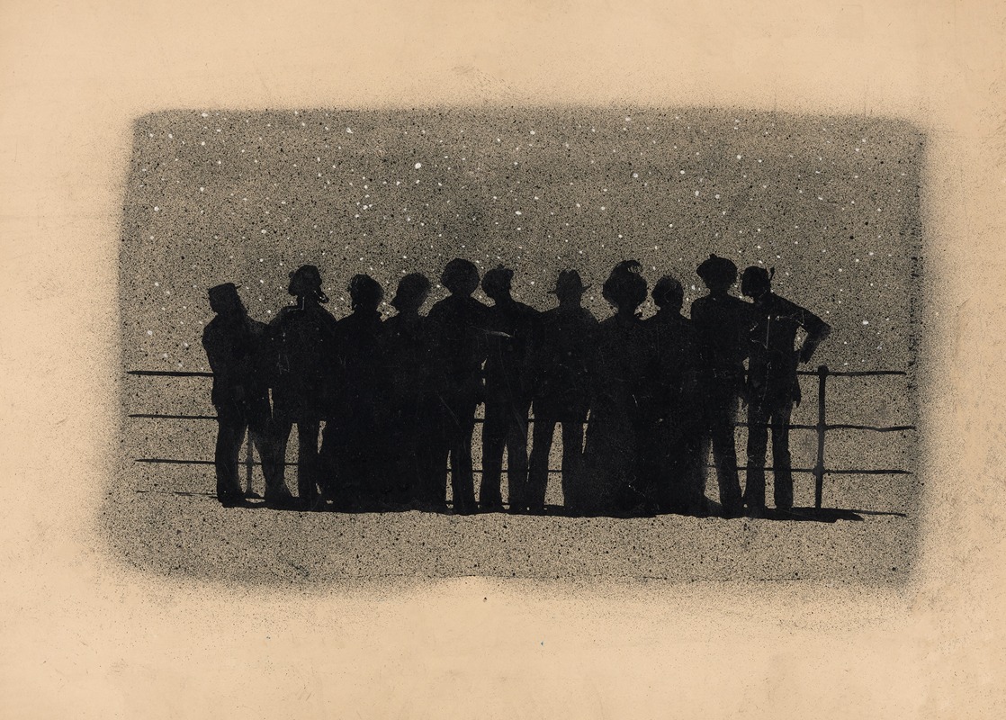 Milton J. Burns - Silhouettes of eleven figures standing by the rail of a ship, looking at the stars