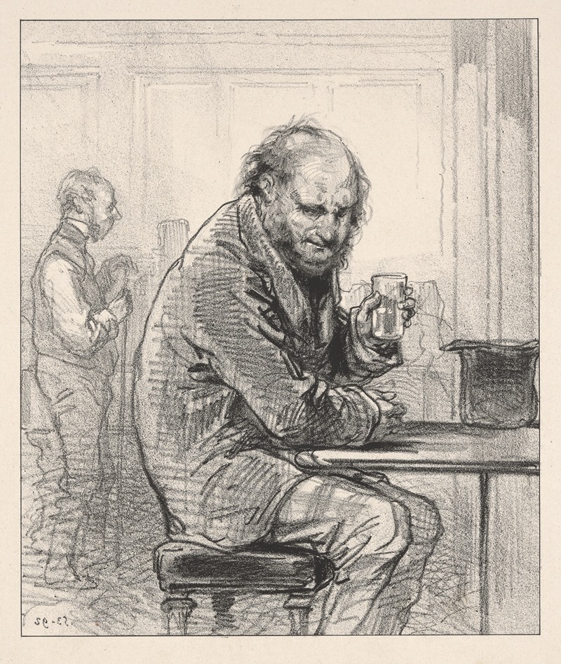 Paul Gavarni - Man seated at table, holding drink