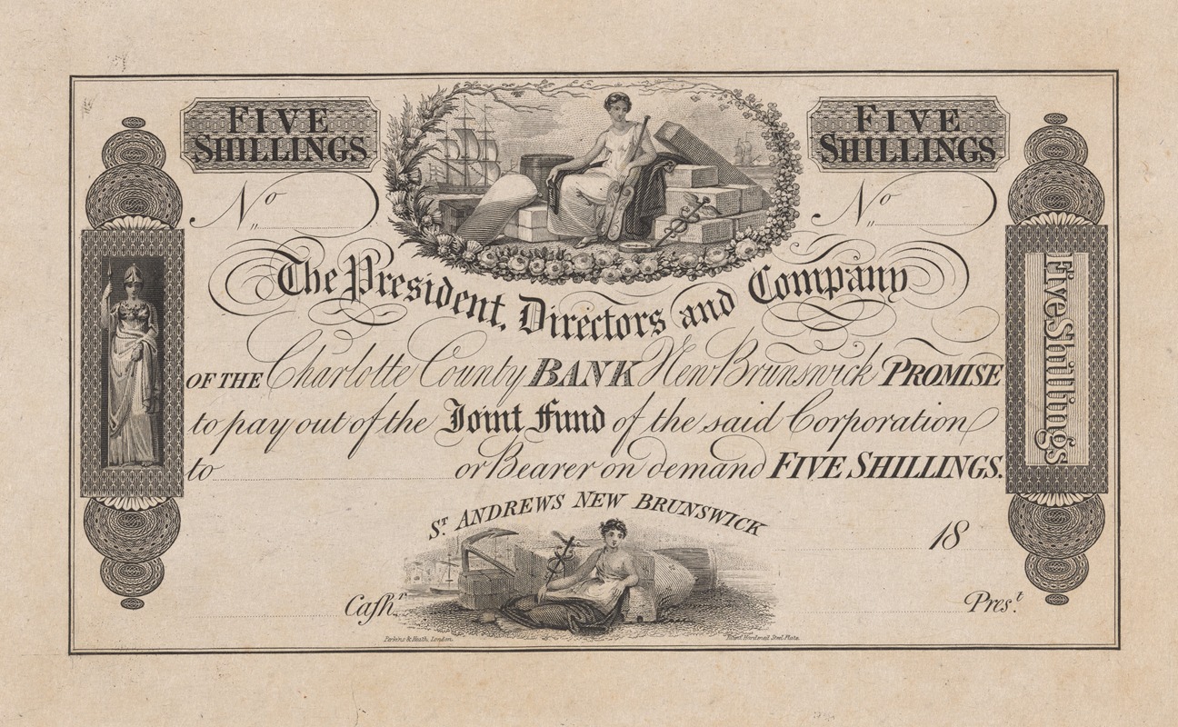 Perkins & Heath - The Charlotte County Bank, St. Andrews, New Brunswick, five shilling note