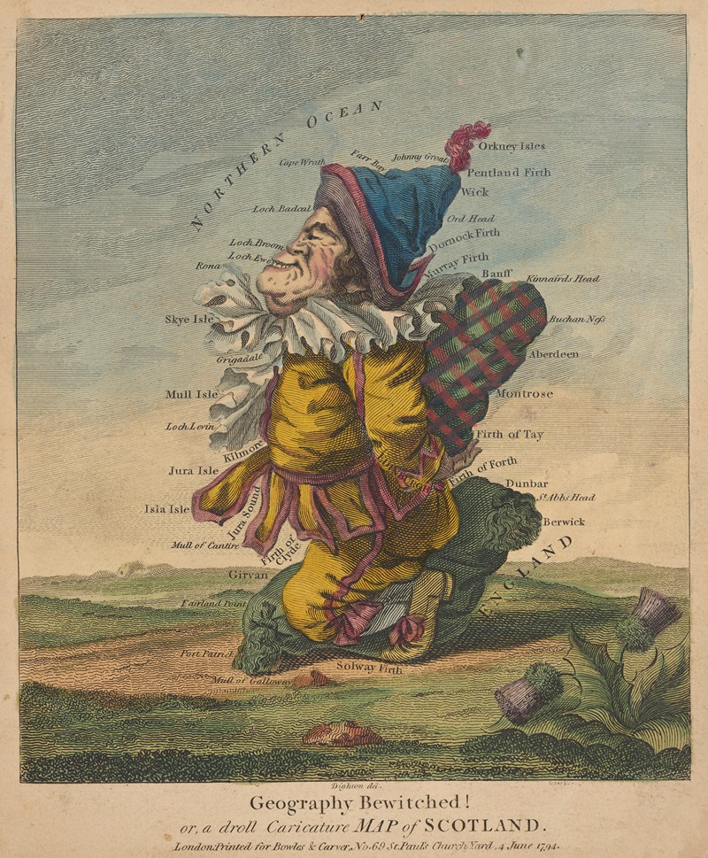 Robert Dighton - Geography bewitched! Or, a droll caricature map of Scotland.