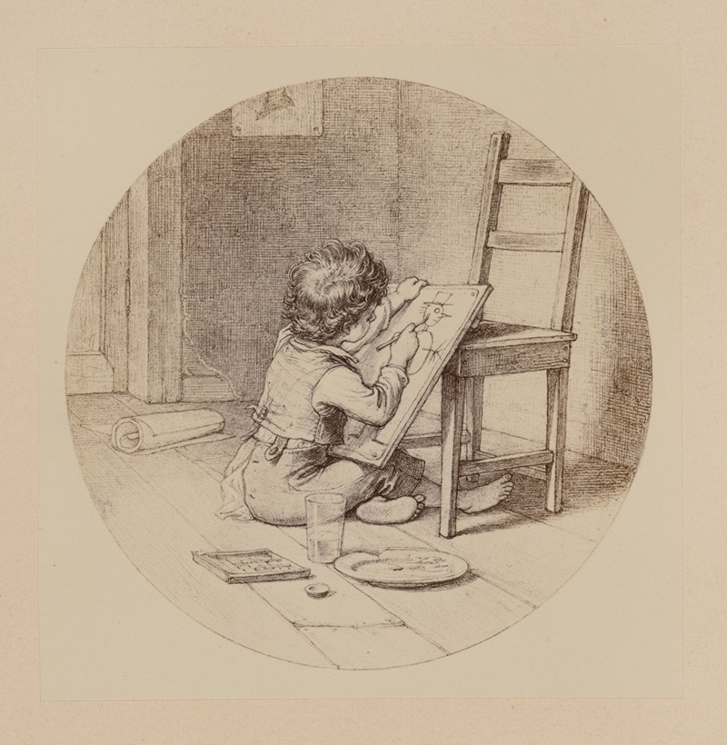 Th. Huth - Child seated on floor, drawing and using chair as an easel