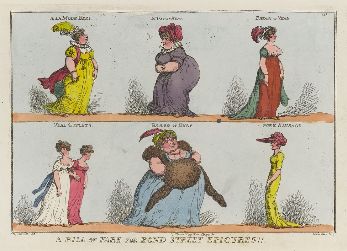 Thomas Rowlandson - A bill of fare for Bond Street epicures!! A La Mode Beef. Rump of Beef. Breast of Veal. Veal Cutlets. Baron of Beef. Pork Sausage