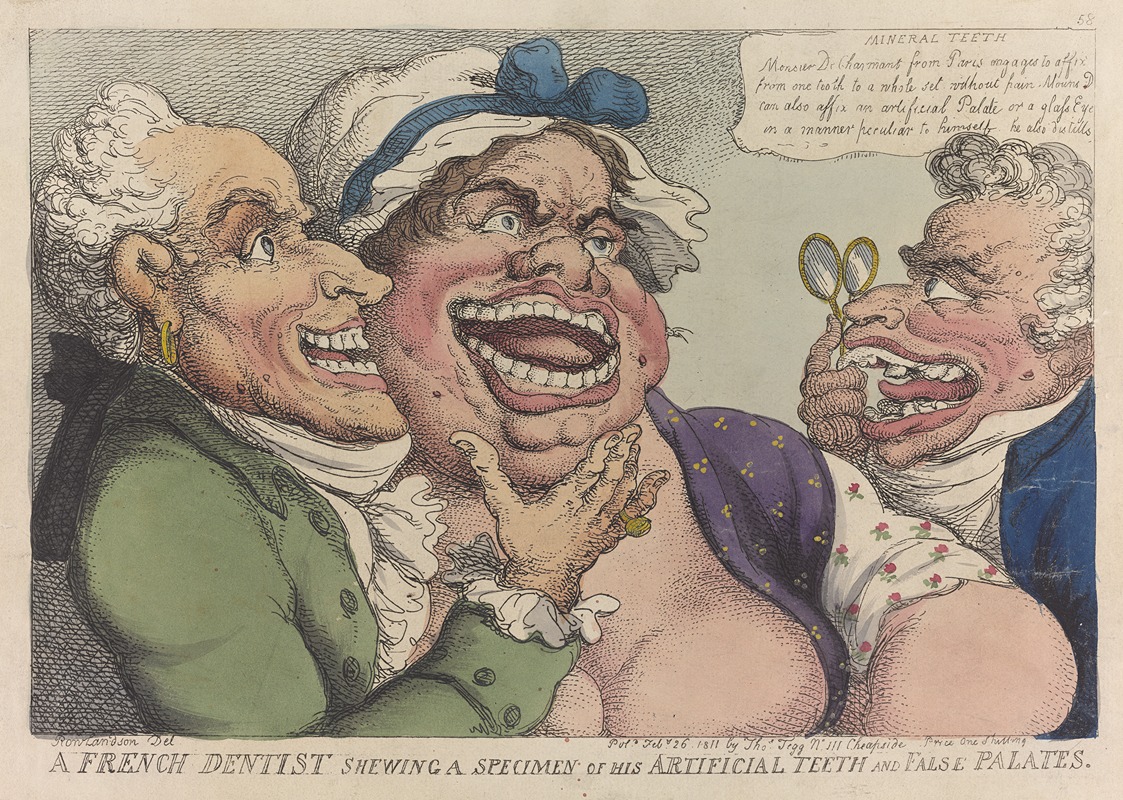 Thomas Rowlandson - A French dentist showing a specimen of his artificial teeth and false palates