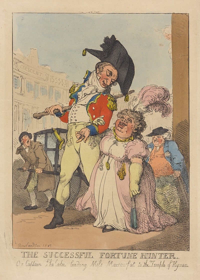 Thomas Rowlandson - A successful fortune hunter, or Captain Shelalee leading Miss Marrowfat to the Temple of Hymen