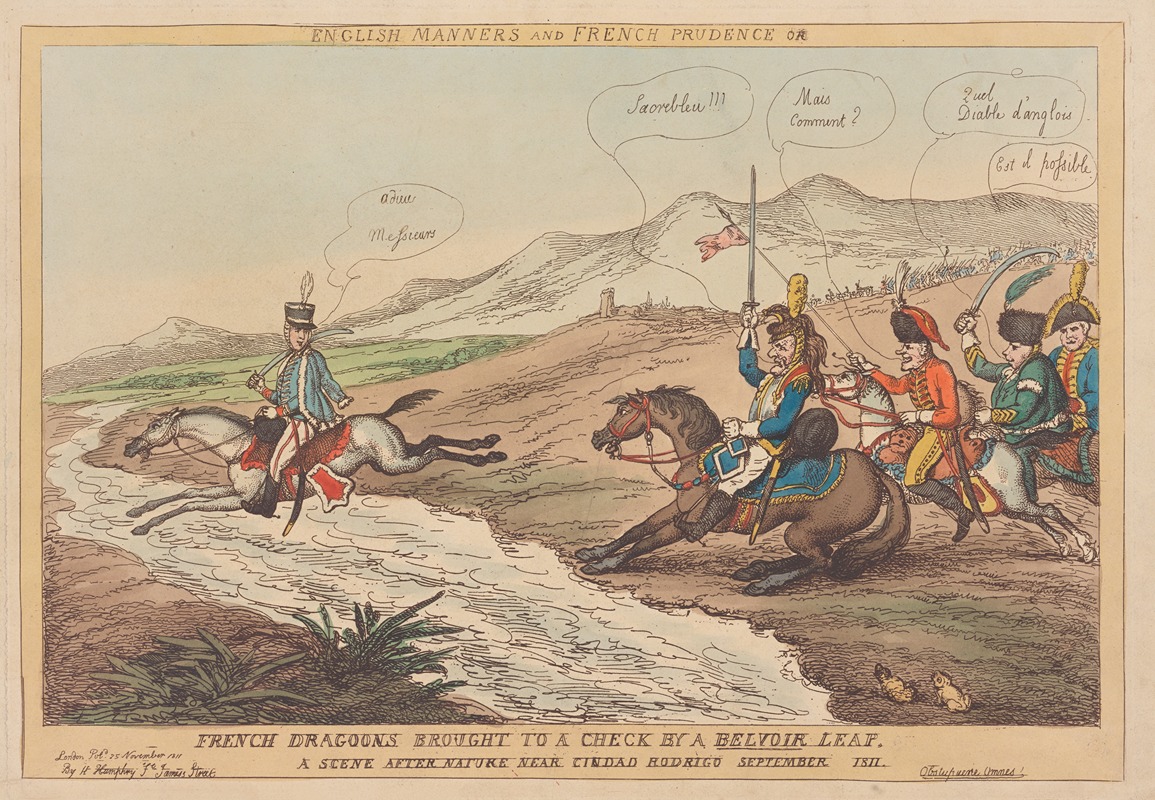 Thomas Rowlandson - English Manners and French prudence or French dragoons brought to a check by a Belvoir leap. A scene after nature near Ciudad Rodrigo September 1811