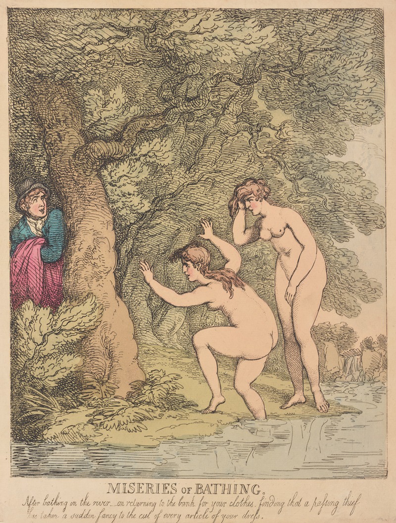 Thomas Rowlandson - Miseries of bathing; After bathing in the river on returning to the bank for your clothes . . .