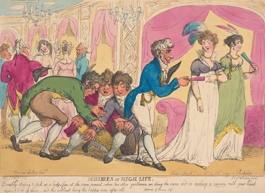 Thomas Rowlandson - Miseries of high life; Briskly stooping to pick up a lady’s fan . . .