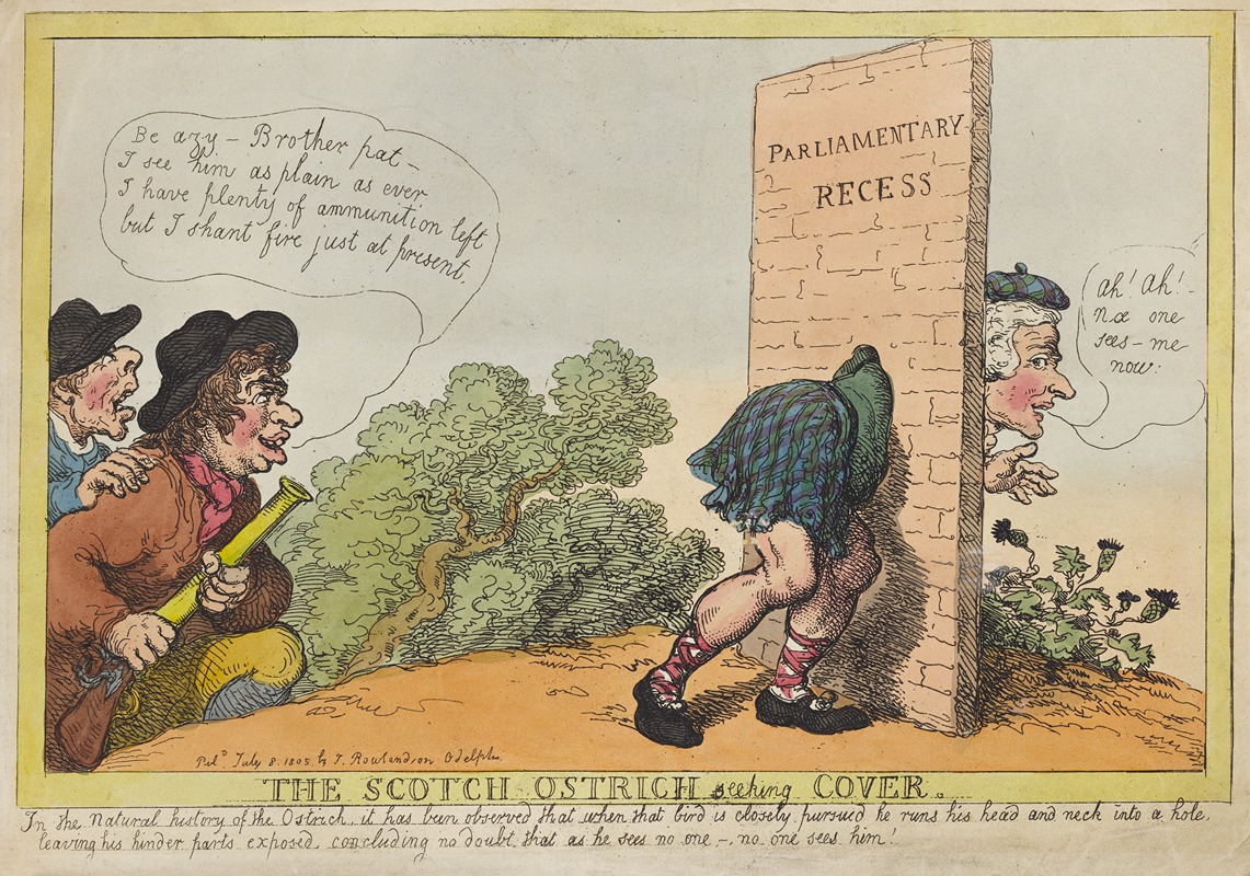 Thomas Rowlandson - The Scotch ostrich seeking cover